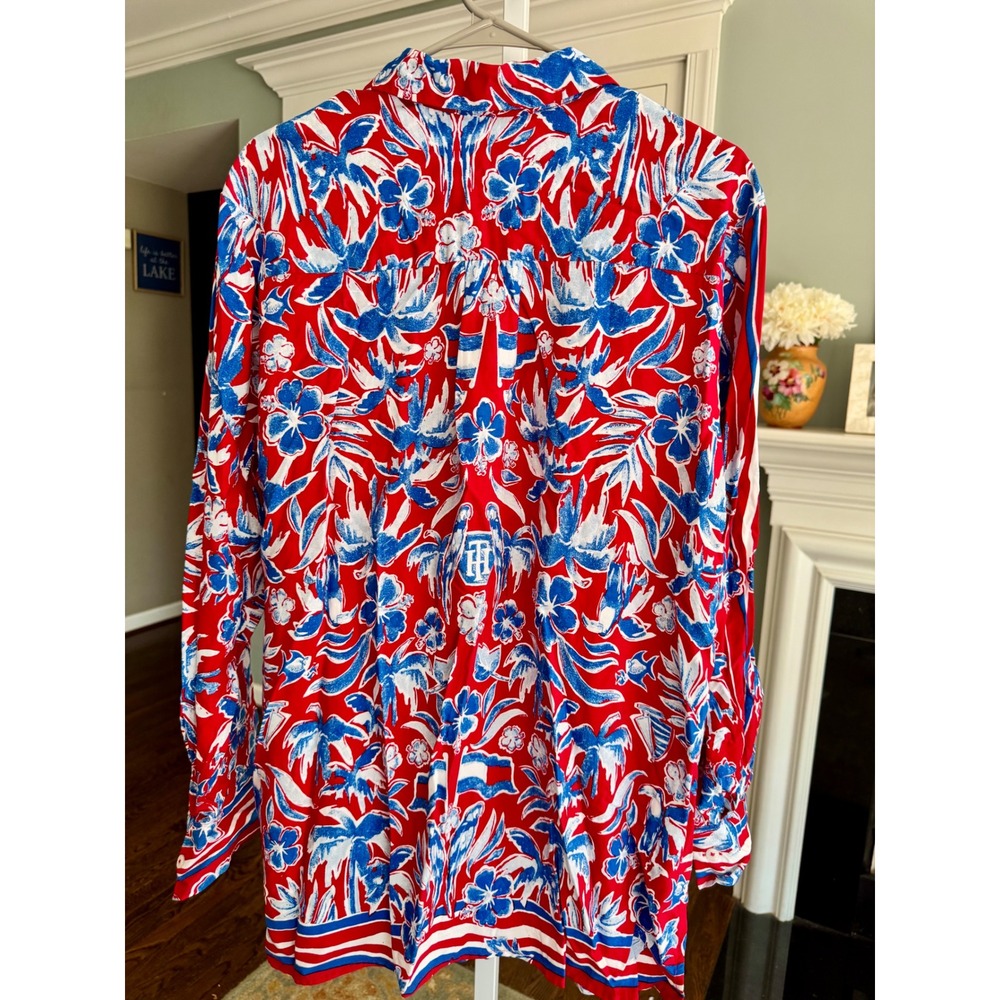 Tommy Hilfiger Womens Red Blue‎ Tropical Floral Fleur Button Up Blouse Large - Picture 6 of 8